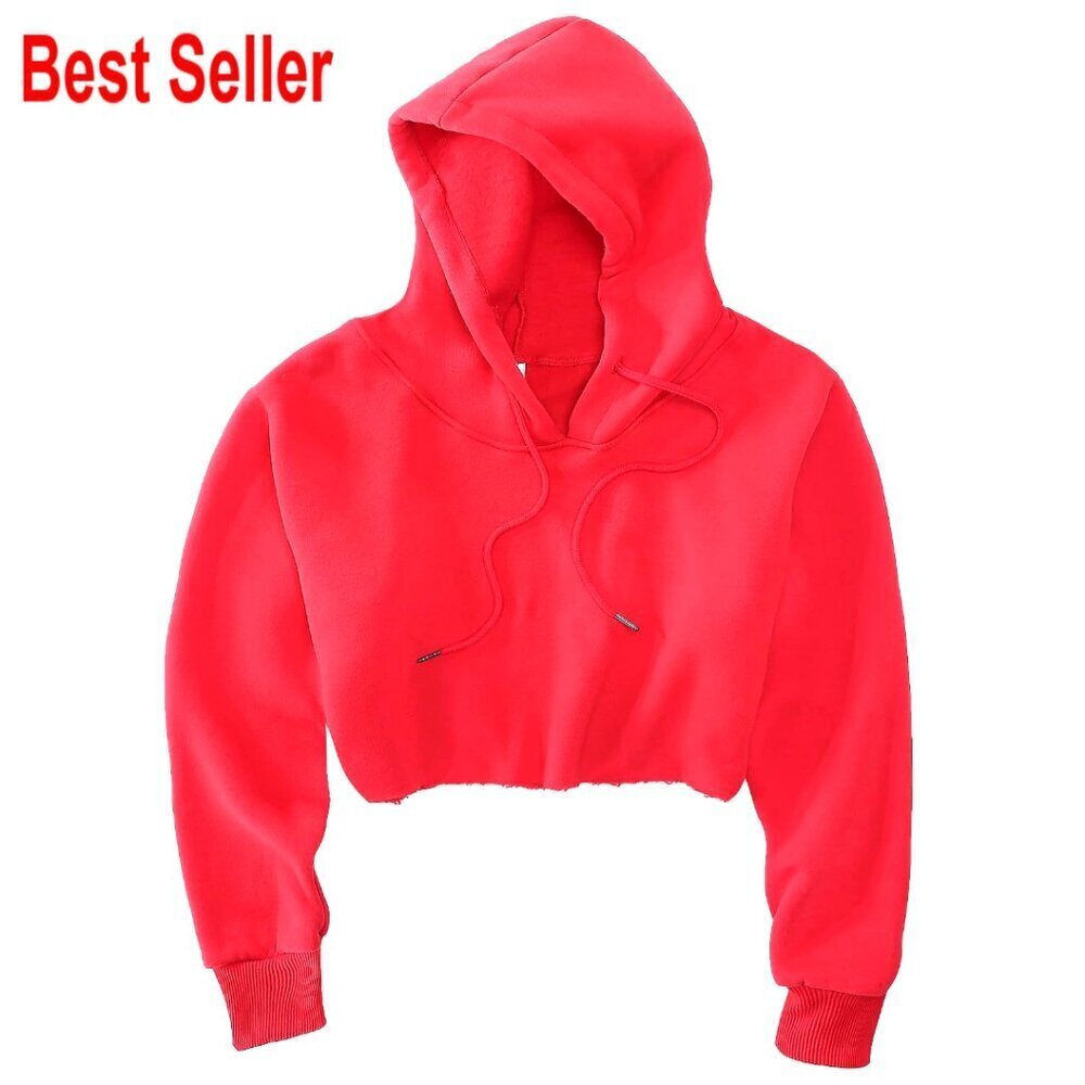 Cropped Fleece Hoodie, Soft Pullover, Relaxed Fit, Long Sleeve, Athletic Wear